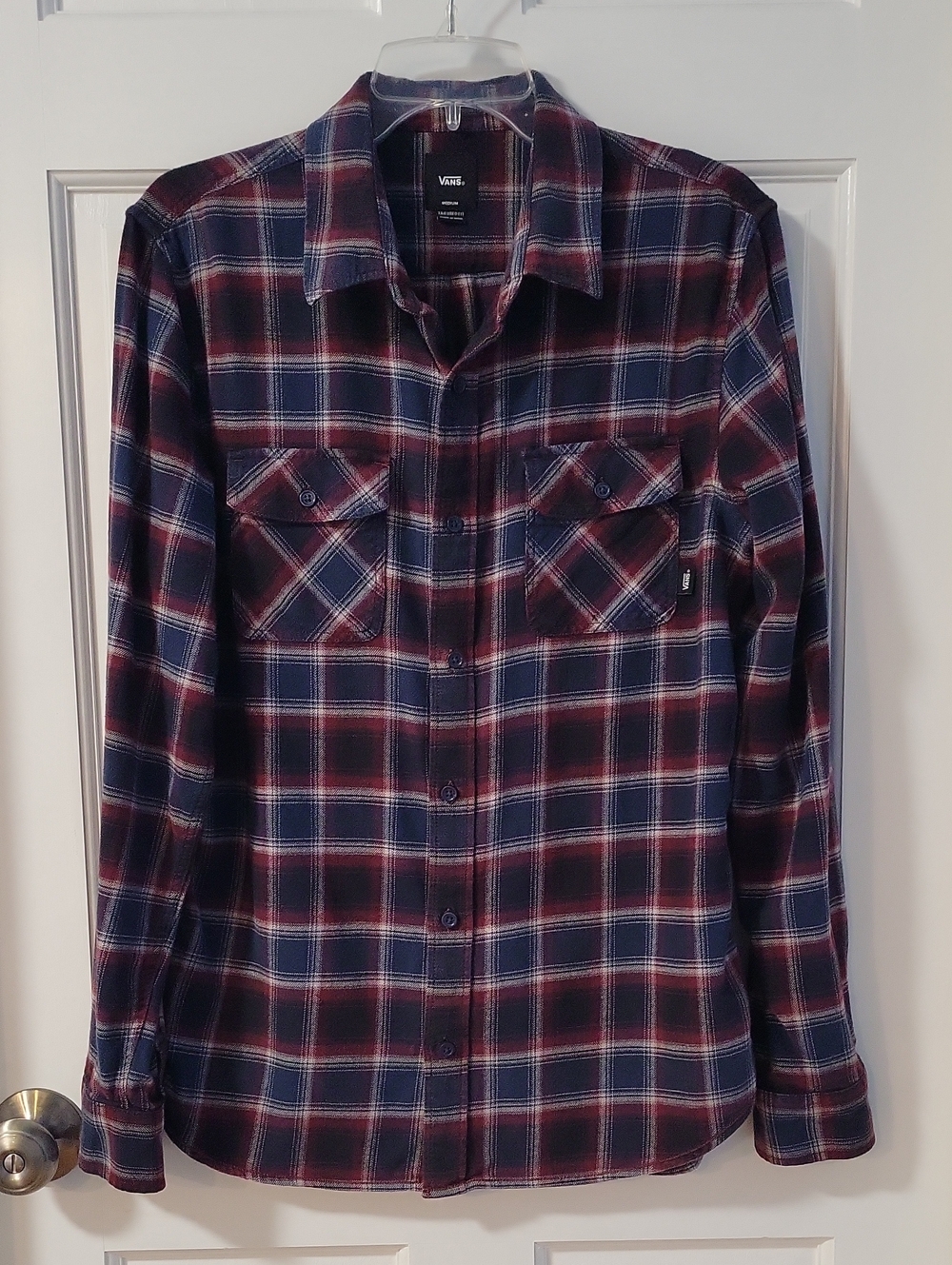 Vans Soft Cotton Blend Red Navy Plaid Flannel Shirt Size Medium
